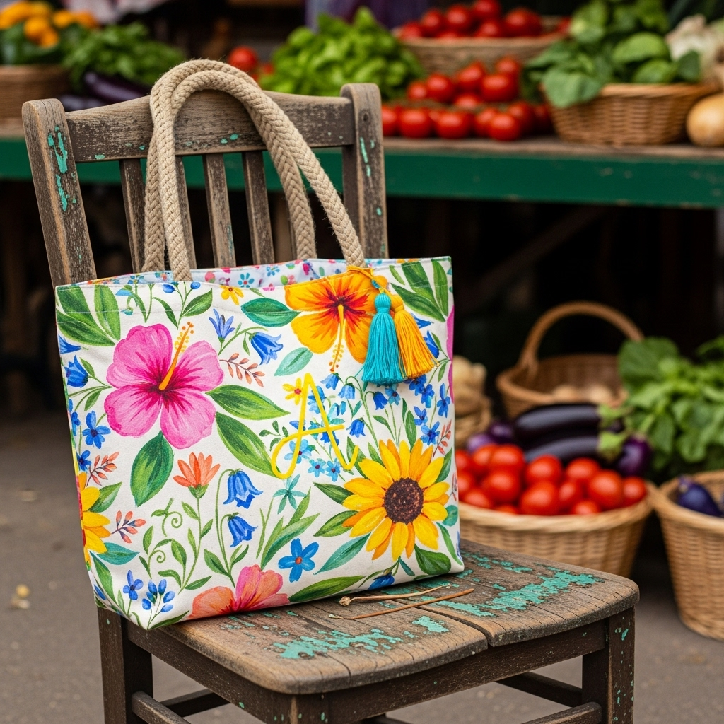 A personalised tote bag with a floral design on a wooden chair, set against a market stall backdrop for a weekend outing feel