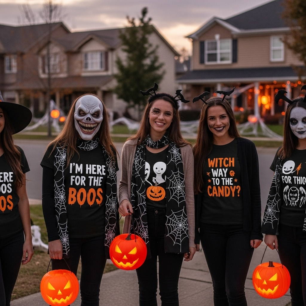 Friends in Halloween costumes showcasing personalised accessories like custom scarves and t-shirts, standing on a decorated street.