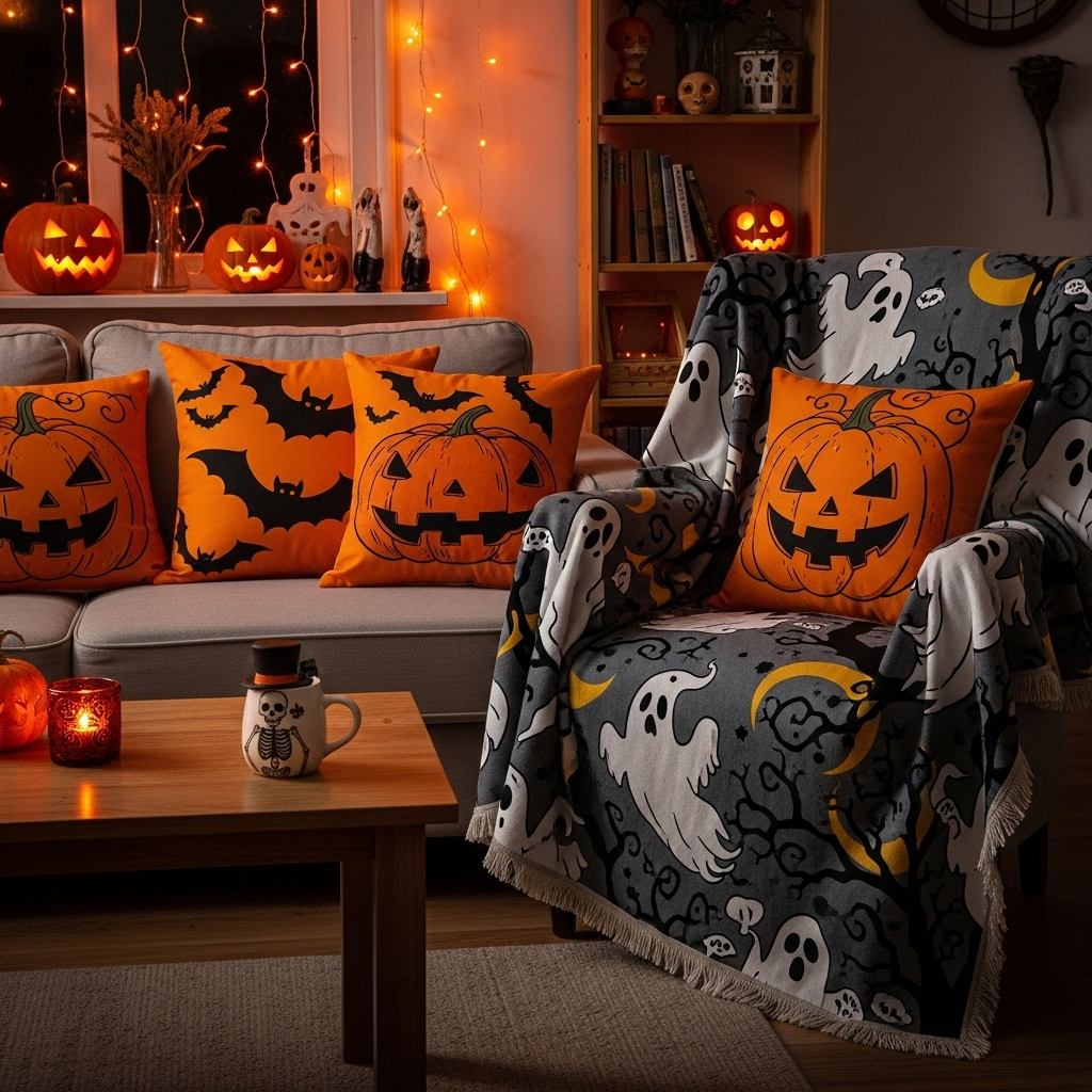 A Halloween-themed living room with personalised decor, featuring custom cushions, a spooky blanket, and a themed mug.