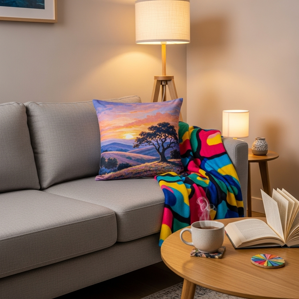 Rincón relajante en casa con un cojín y una manta personalizados con diseños únicos, acompañados de una taza de té y un libro abierto.