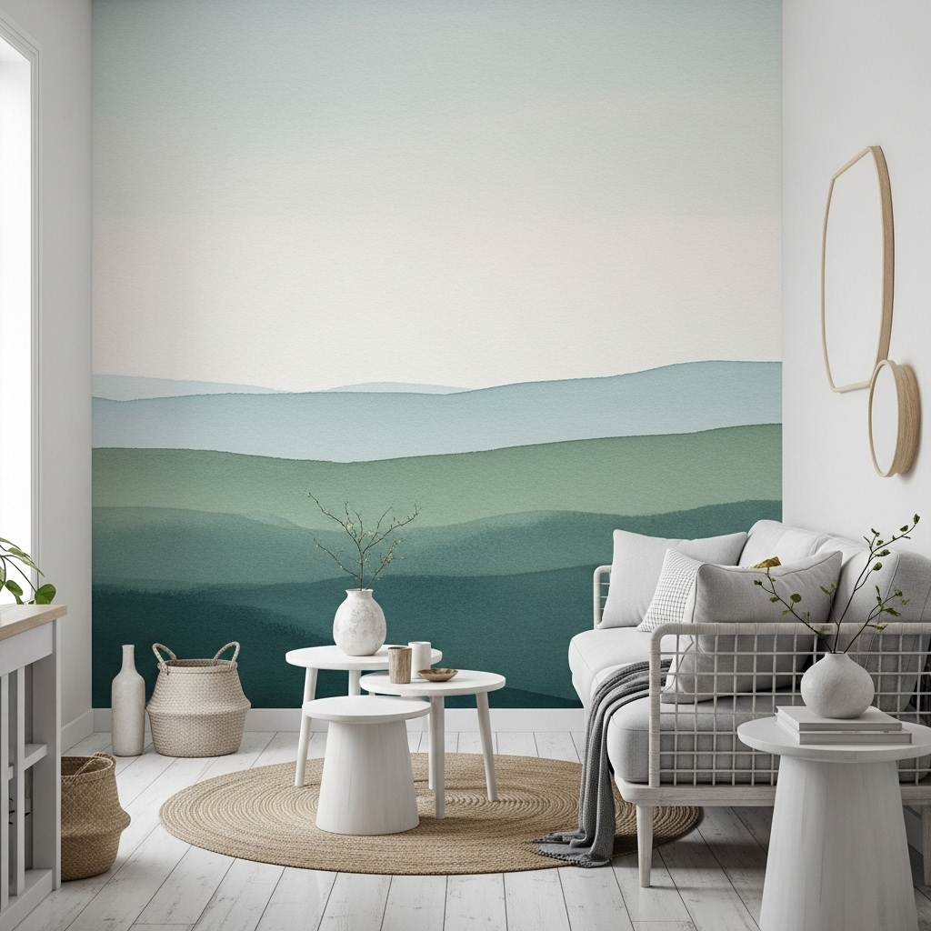 Compact living area with a feature wall of watercolour landscape wallpaper, adding depth to the space