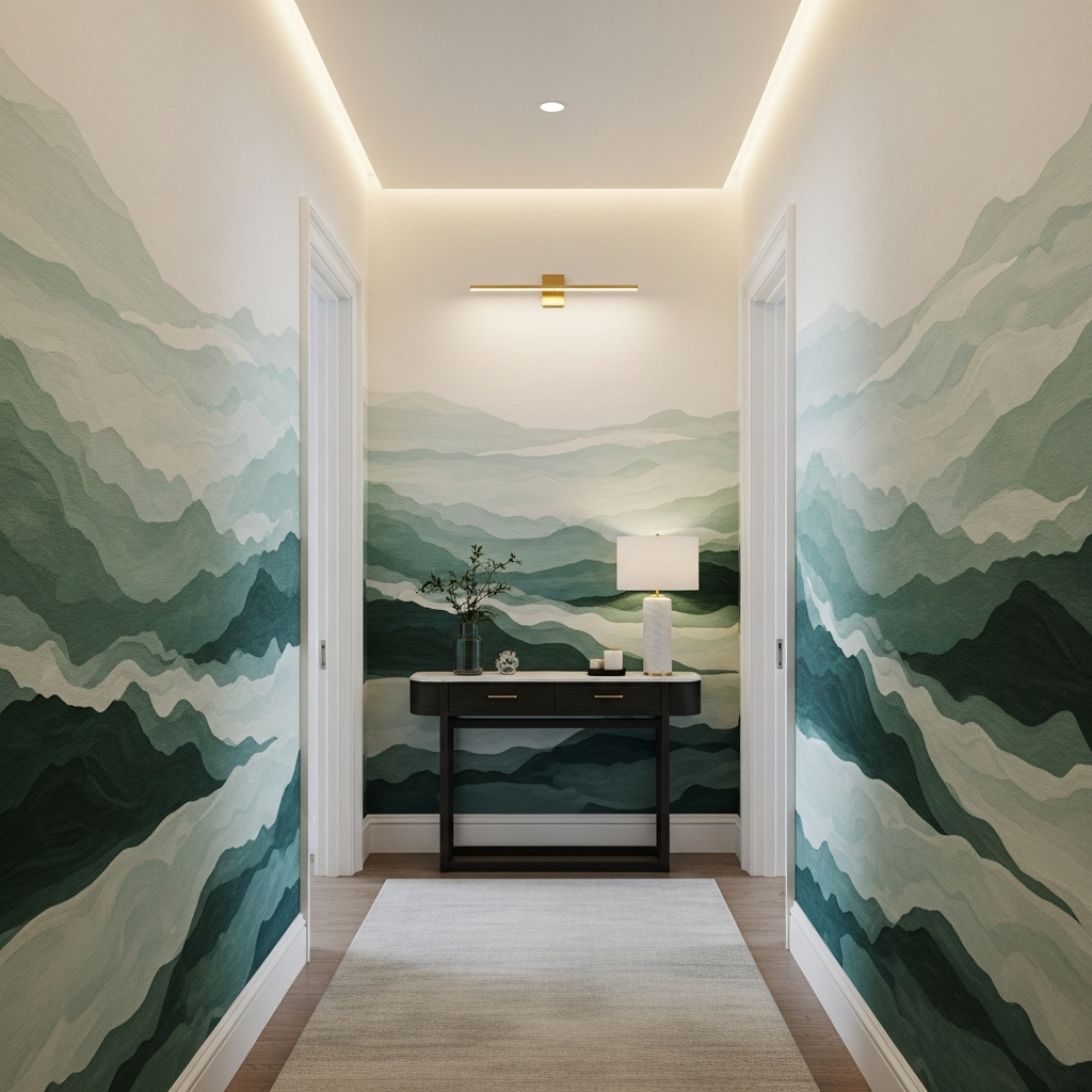 Pasillo estrecho con una pared destacada de papel tapiz personalizado con diseño de paisaje abstracto para dar profundidad