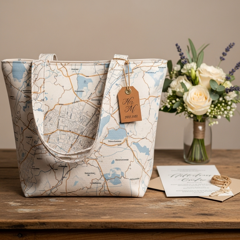 A personalised tote bag with a map design, displayed on a wooden table alongside a wedding invitation and flowers.