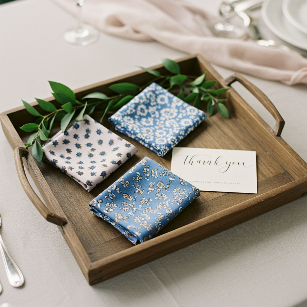 Wedding groomsmen gifts with printed pocket squares on a wooden tray with greenery