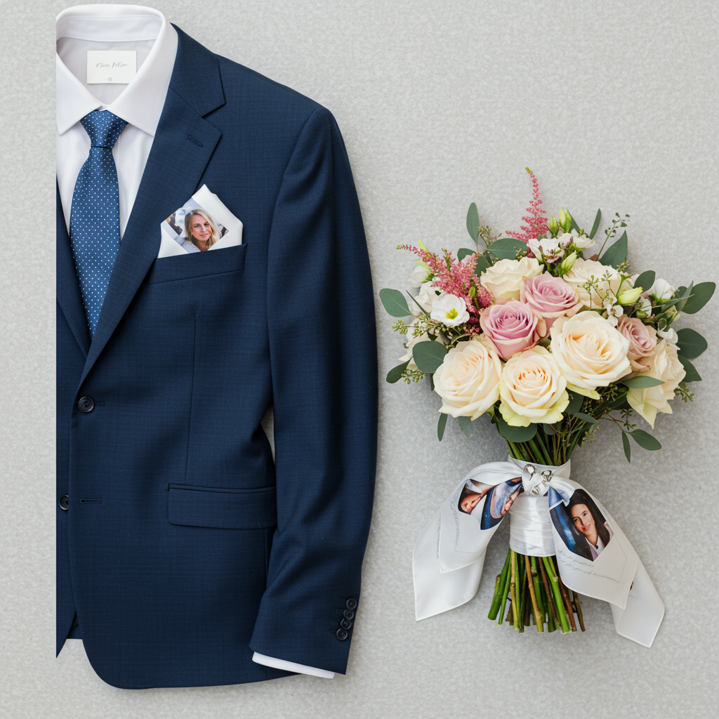 Photo handkerchief styled as a pocket square in a suit and tied to a wedding bouquet, displayed on a grey background.