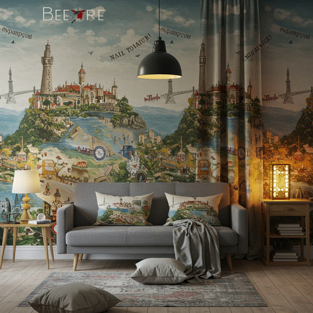 Transformación de una habitación con papel pintado, cojines y cortinas personalizados inspirados en viajes.