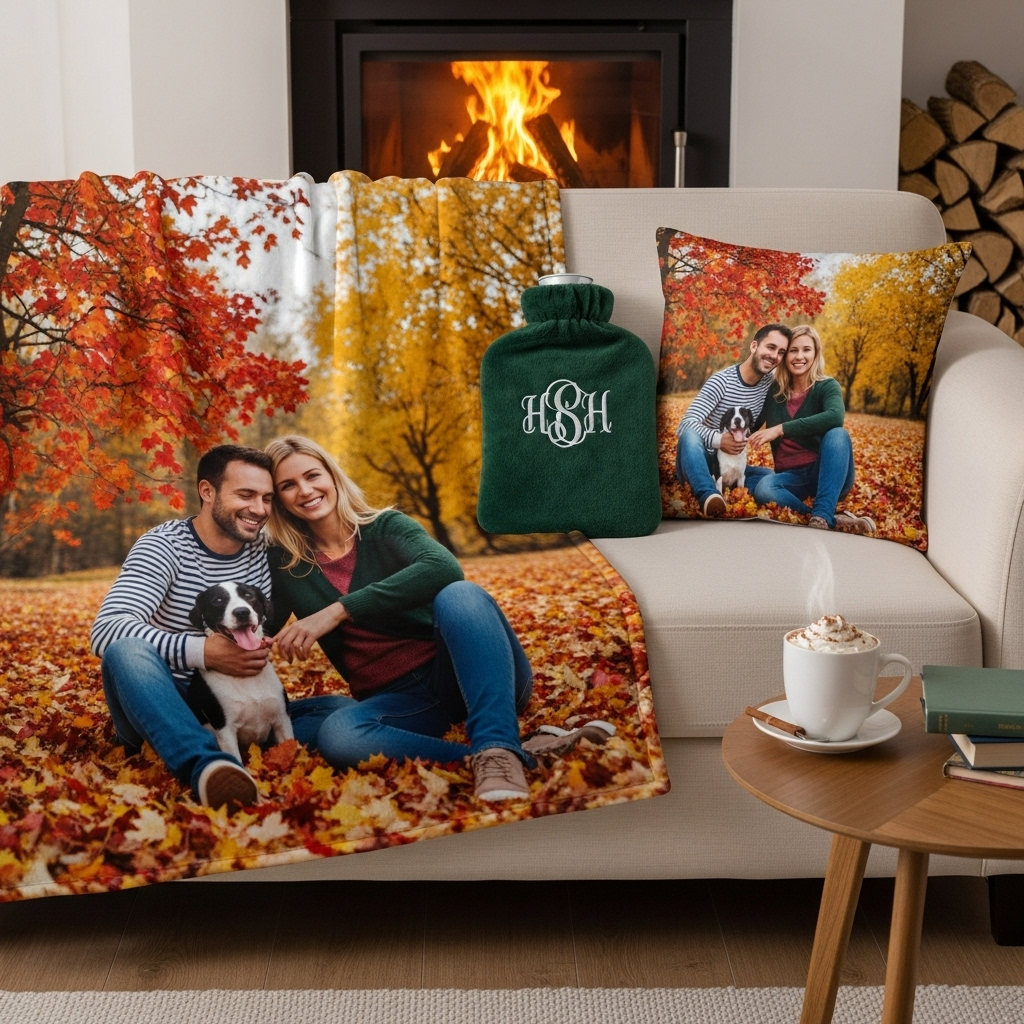 Cosy living room setup with a personalised photo blanket, cushion, and hot water bottle cover featuring autumn memories.