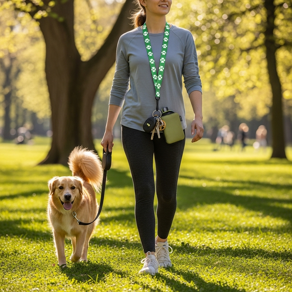 Person on a dog walk with a customised lanyard featuring a paw print design
