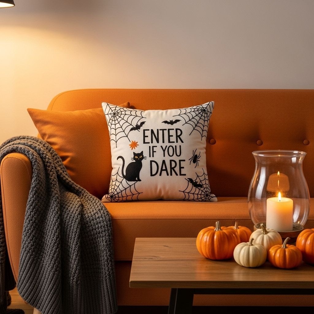 Personalised Halloween throw pillow on a couch surrounded by spooky decorations