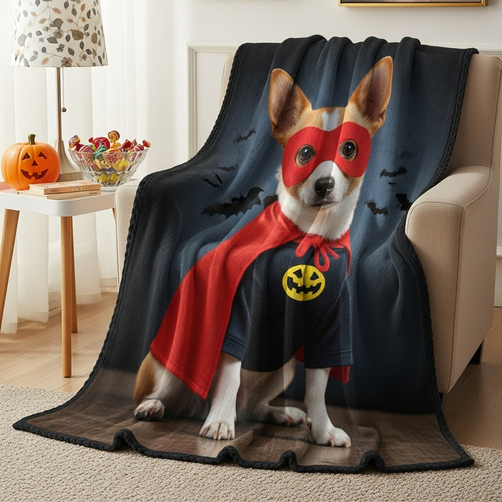 Comfortable photo blanket featuring a pet in costume, set beside Halloween candy