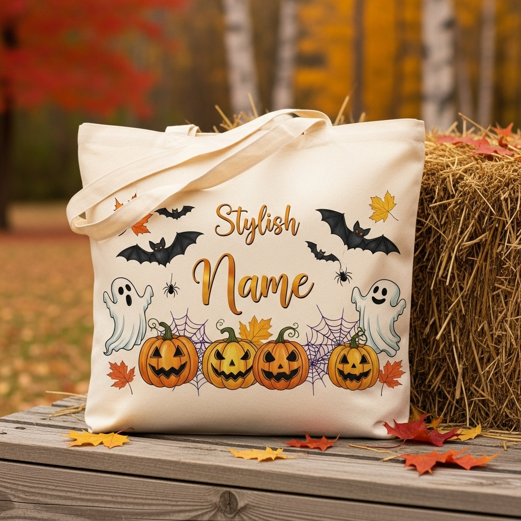 Stylish personalized tote bag with Halloween motifs displayed outdoors.