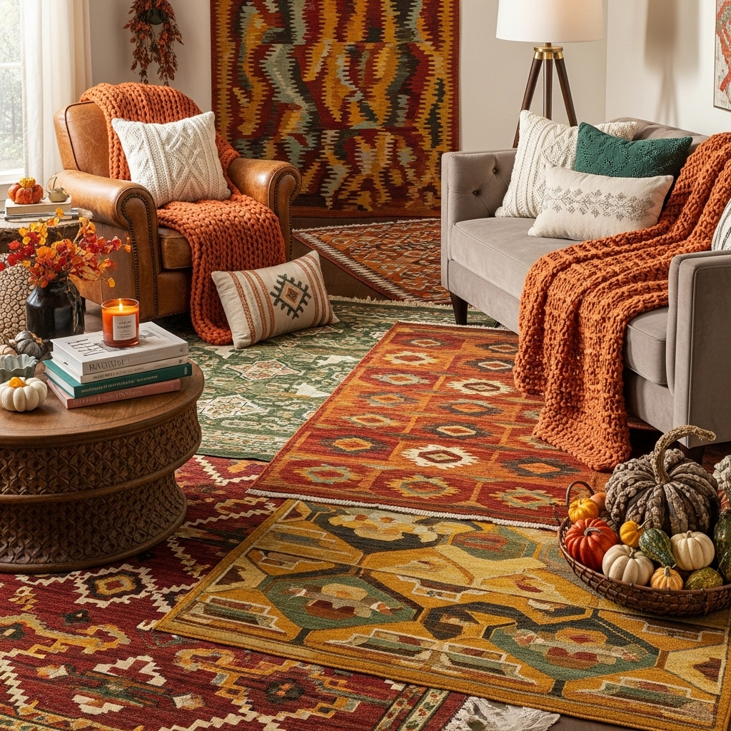 Colección de alfombras estampadas en colores otoñales con textiles acogedores.
