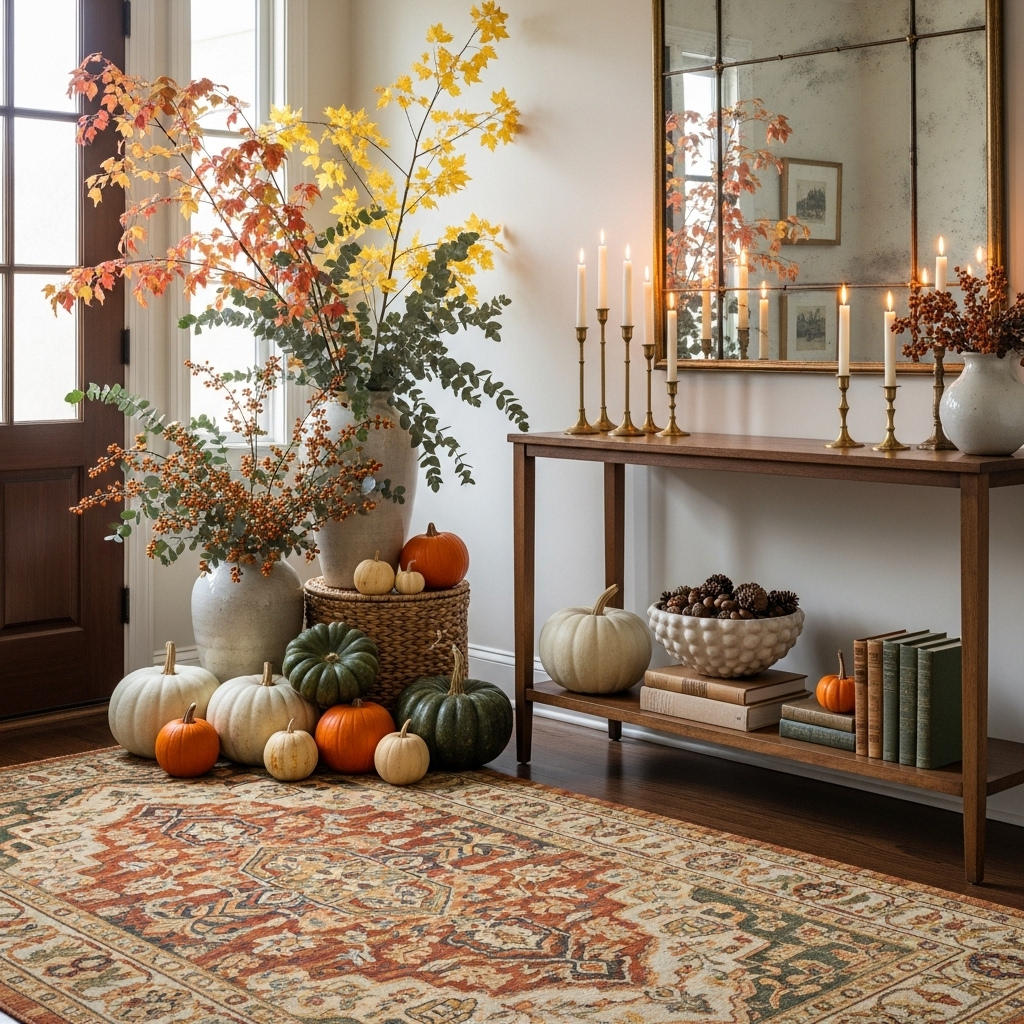 Entrada elegante con alfombra a medida y decoración de otoño.