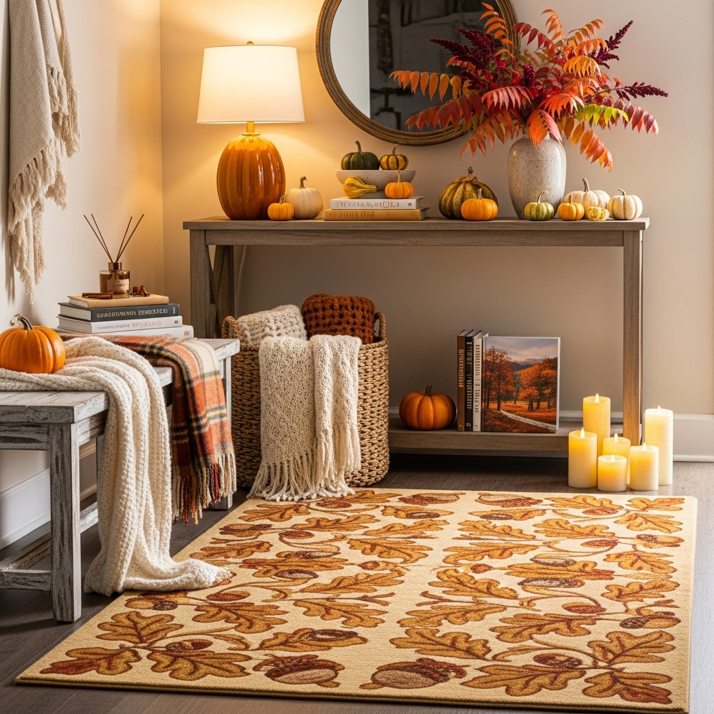 Cozy autumn entryway adorned with custom rug, throws, and autumn foliage