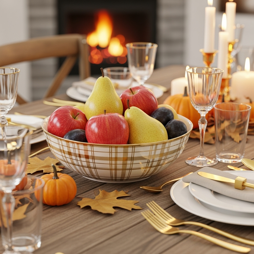Personalised decorative bowl with plaid design in cream and gold, filled with autumn fruits on a dining table