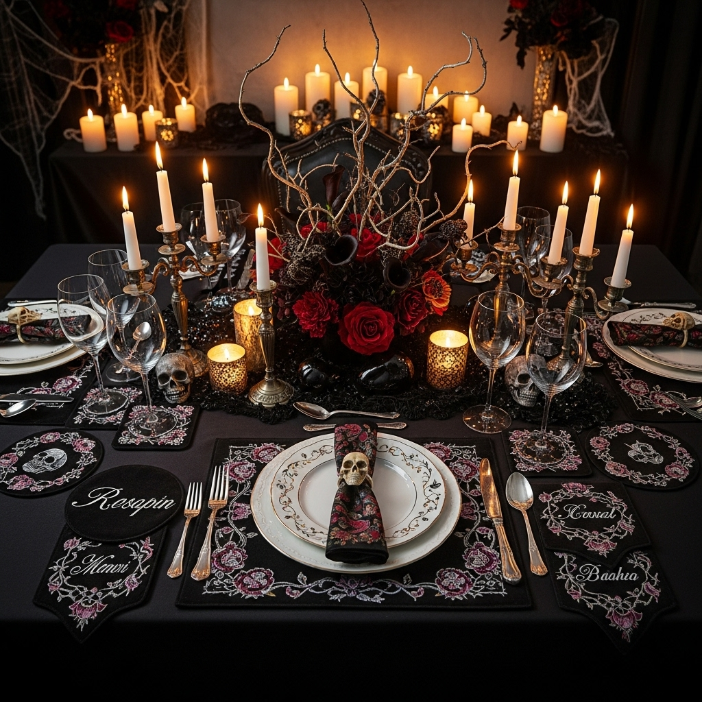 Stylish Halloween table with custom placemats and coasters featuring floral designs and names under soft candlelight.