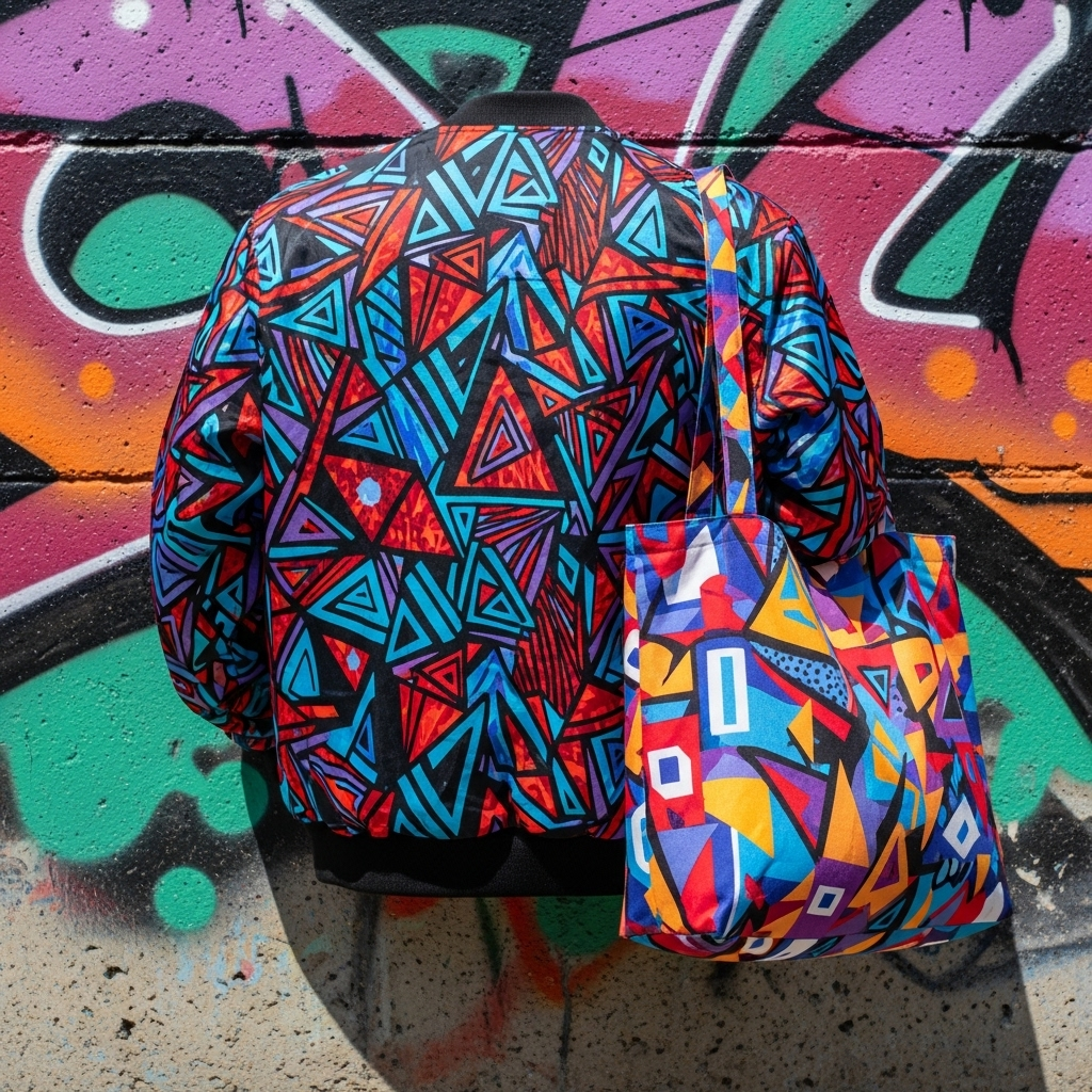 Bold bomber jacket and tote bag with vibrant geometric prints against an urban graffiti background