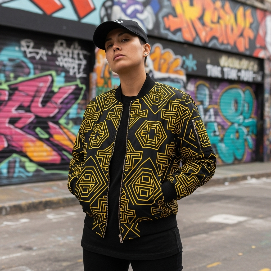Persona luciendo una chaqueta bomber con estampado geométrico en negro y amarillo en un entorno urbano con grafitis.