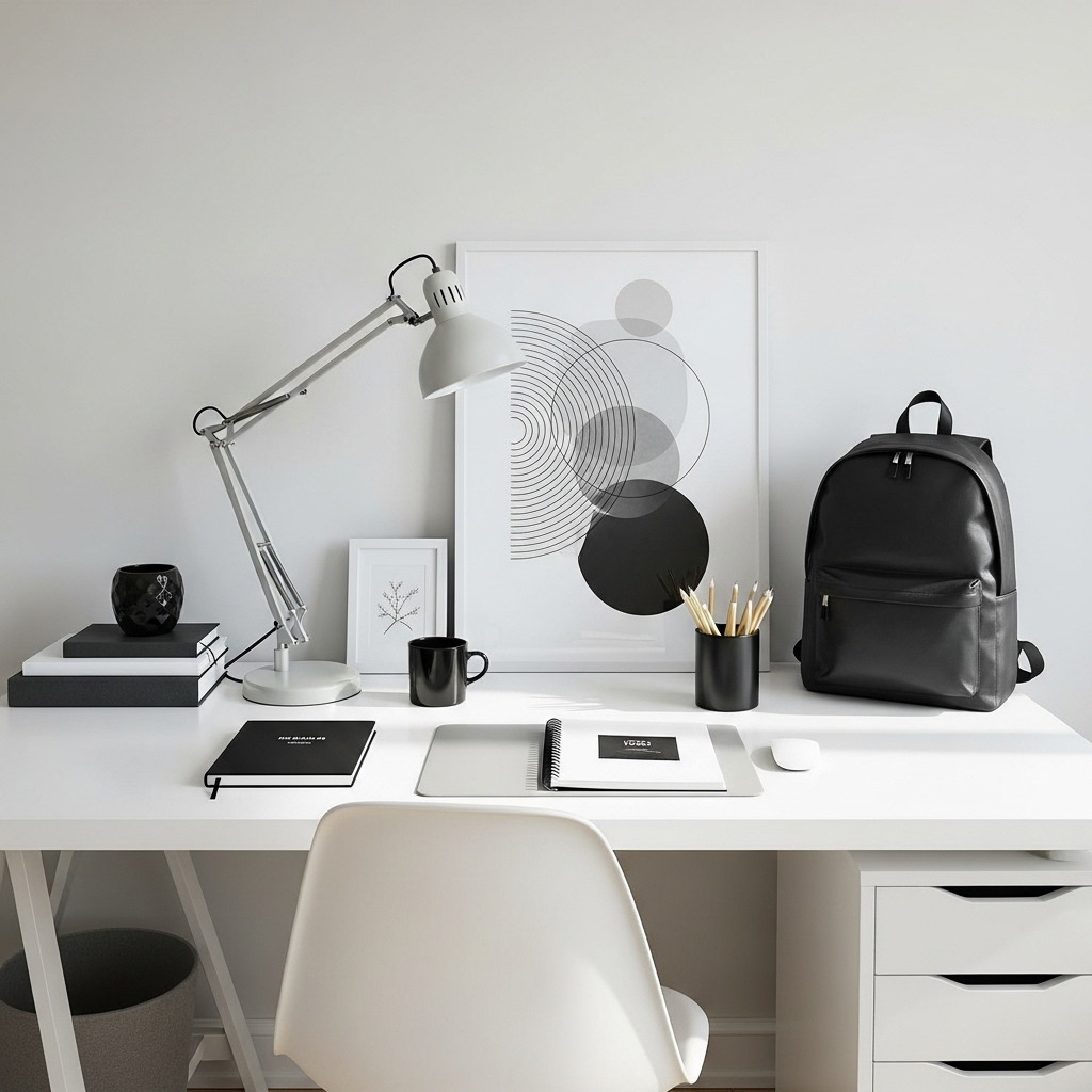 Espacio de trabajo minimalista con un cuaderno en blanco y negro, una mochila monocromática y un póster geométrico sobre un escritorio blanco.