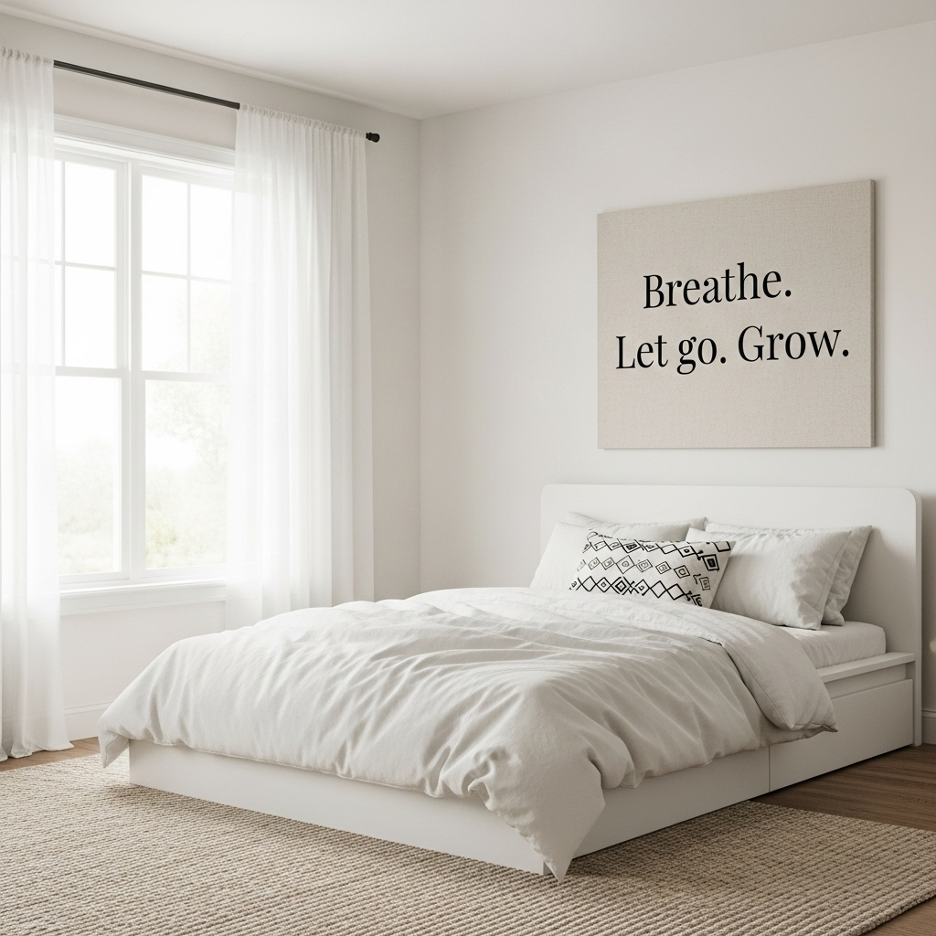 Dormitorio minimalista con un cojín personalizado de diseño monocromático y un cuadro con una frase inspiradora en la pared.