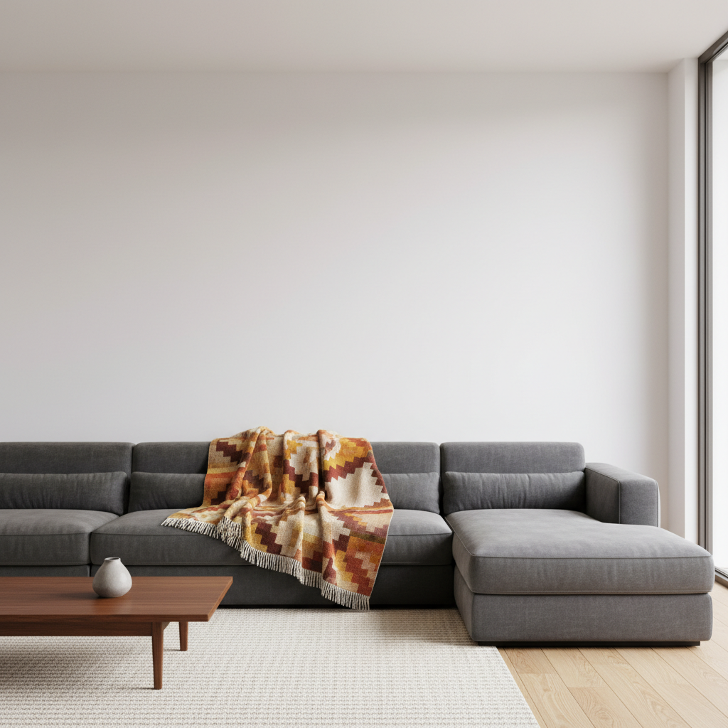 Grey sofa in a modern living room styled with a warm geometric-patterned statement blanket