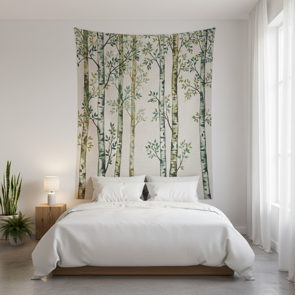 Bedroom with a nature-inspired printed fabric panel as a striking wall art feature