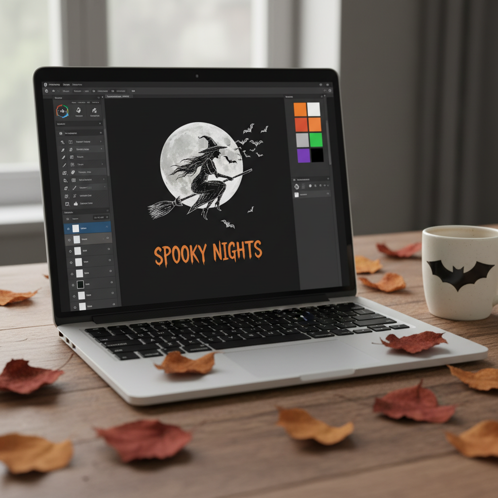 Laptop screen displaying a Halloween t-shirt design with a witch illustration, alongside autumn-themed desk decor.