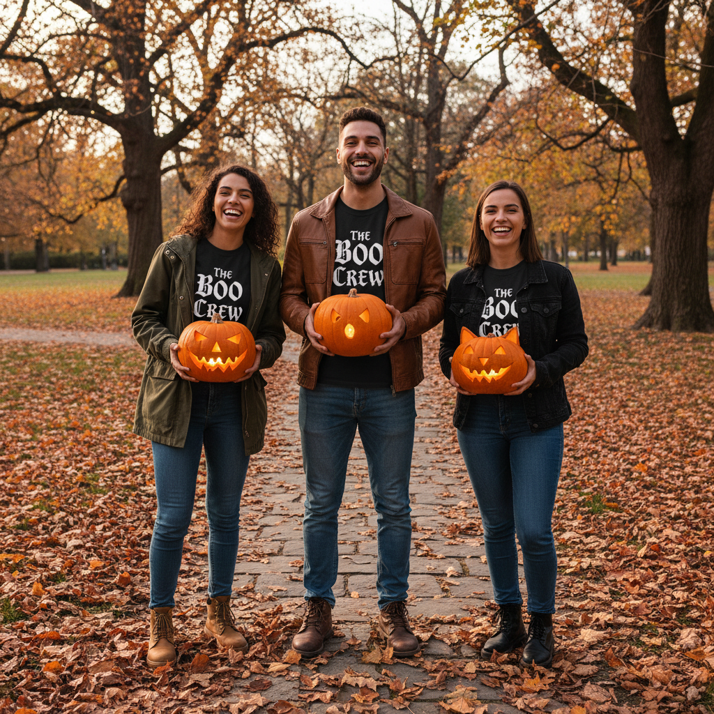 Three friends in matching Halloween t-shirts with 'The Boo Crew' text, posing in a park with autumn leaves and pumpkins.