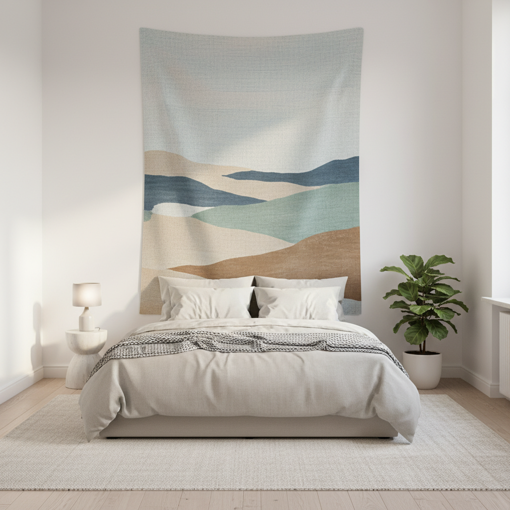 Dormitorio minimalista con un panel de tela impresa de piso a techo con un diseño de paisaje abstracto como punto focal