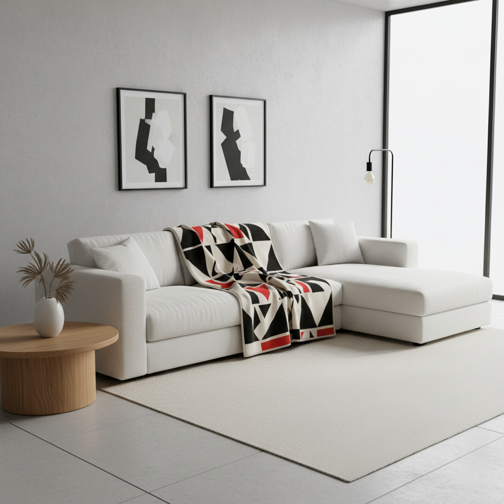 Salón moderno con un sofá blanco cubierto por una manta de estampado geométrico en negro y rojo como elemento central