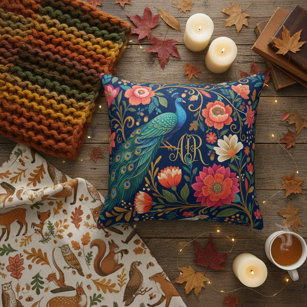 Composición plana de textiles personalizados como un cojín de terciopelo, una manta otoñal y un panel de tela sobre una superficie de madera