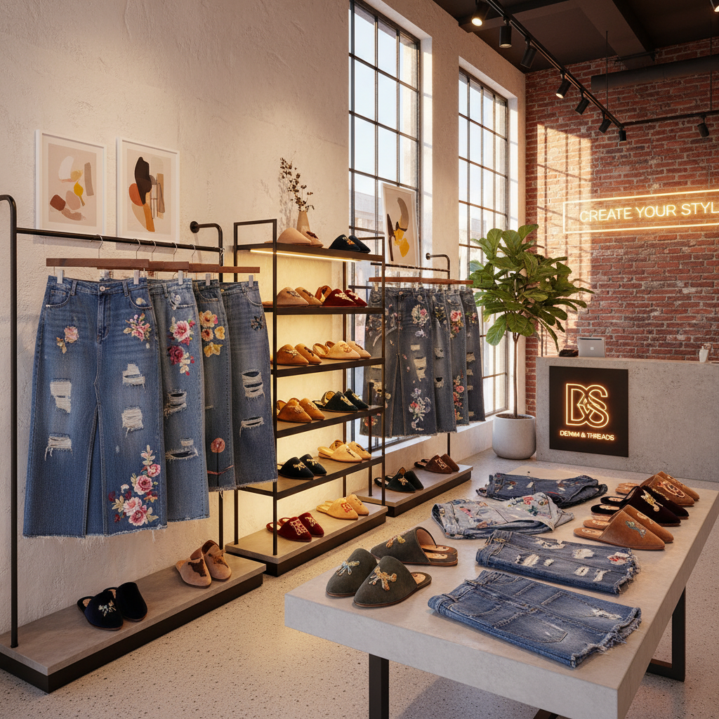 Escaparate de boutique con faldas vaqueras y zapatillas personalizadas exhibidas con detalles de marca únicos.
