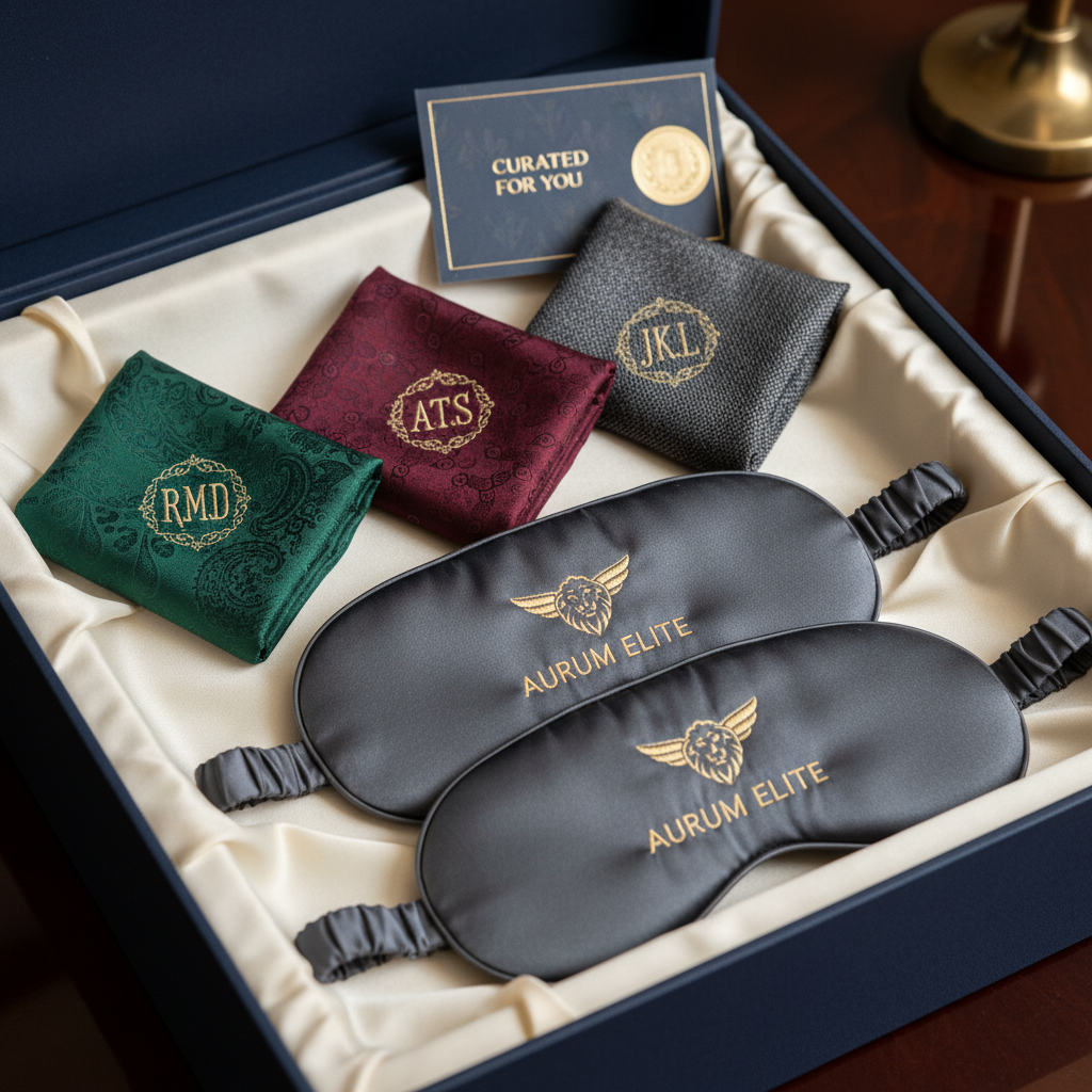Caja de regalo de lujo con pañuelos de bolsillo y antifaces para dormir personalizados, destacando exclusividad.