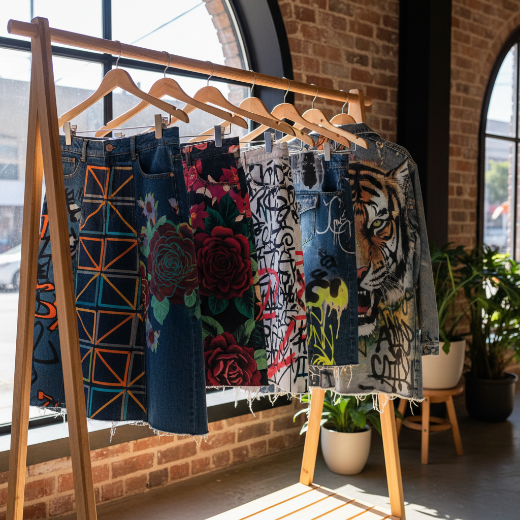 Custom denim skirts and apparel with unique prints showcased in a boutique setting