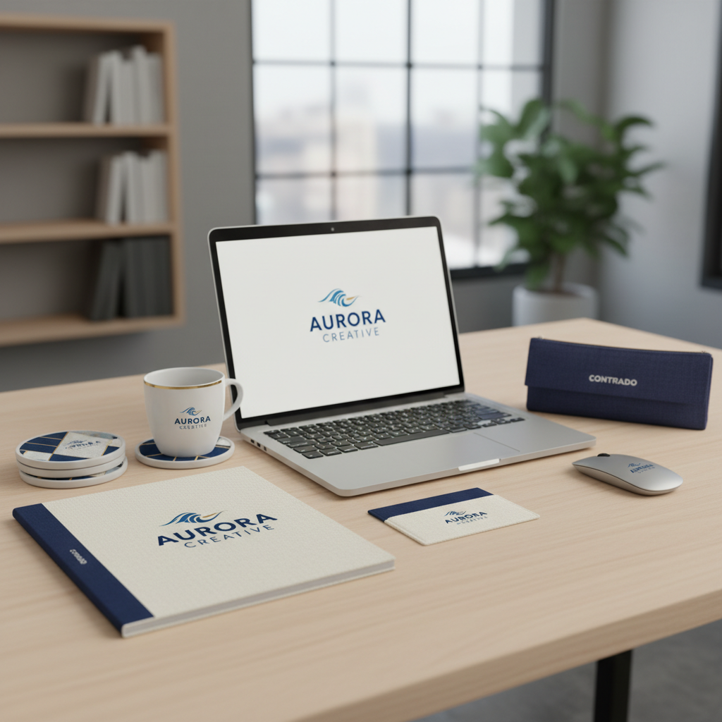 Espacio de trabajo con productos personalizados de Contrado, como cuadernos y posavasos, junto a un portátil y una taza de café.