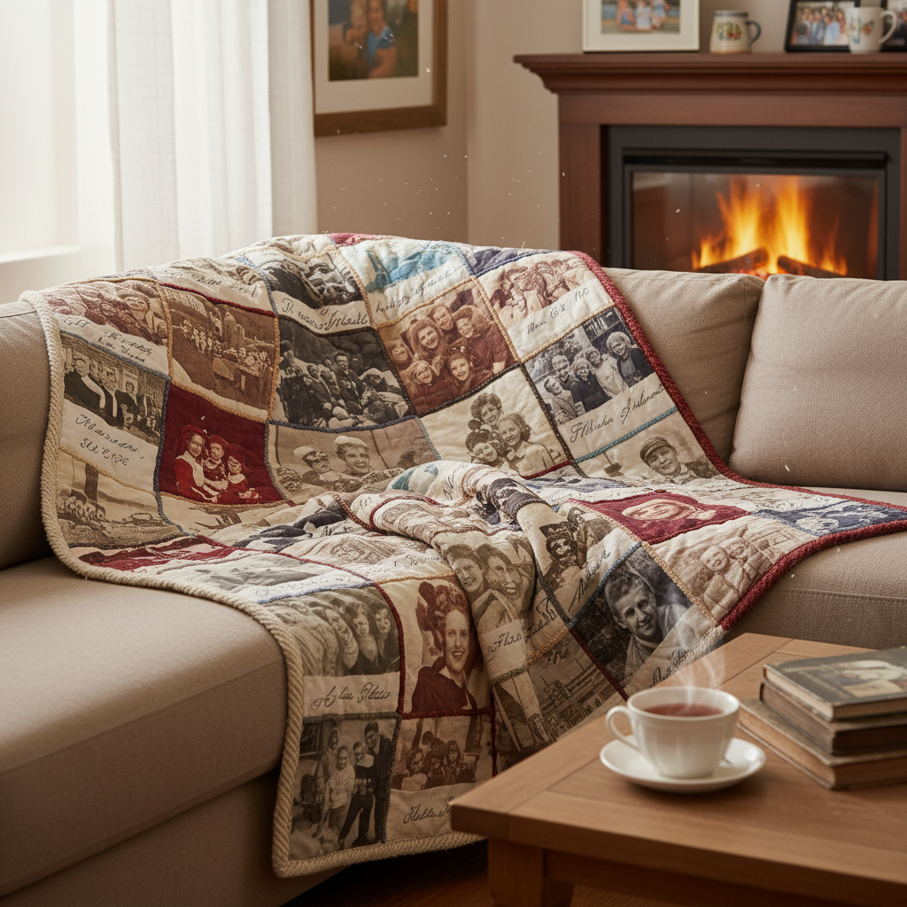 Comfortable blanket with a photo quilt design showcasing family memories