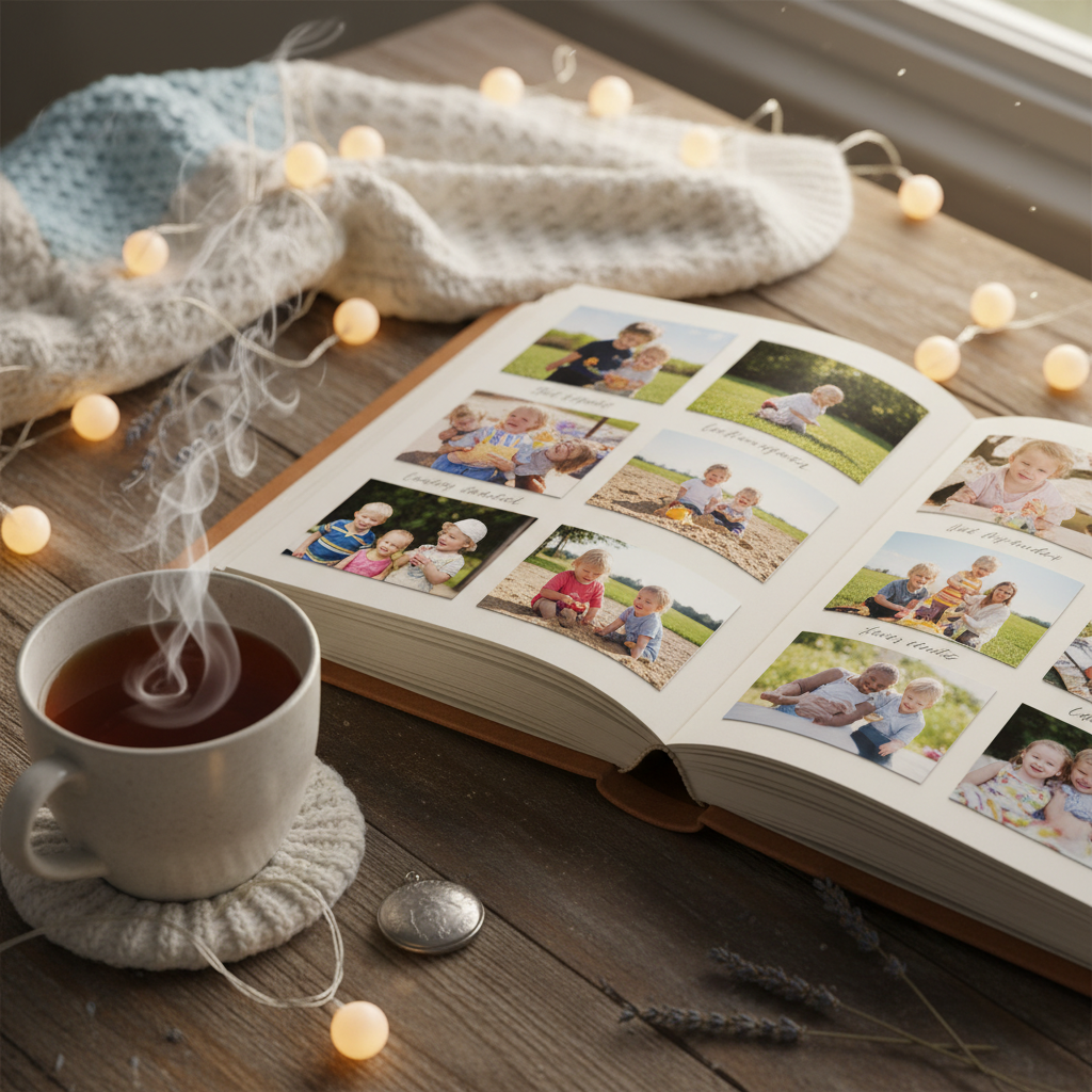 Photo book displaying childhood memories laid open on a table