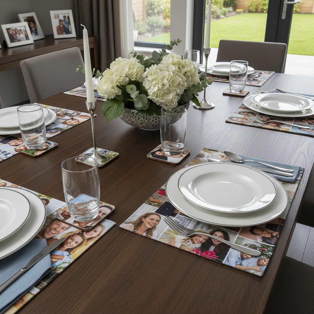 Dining table set with photo coasters and placemats showcasing family moments