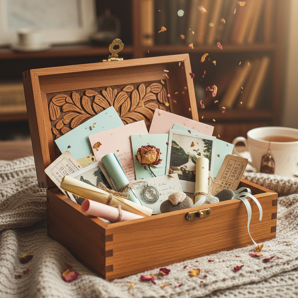 A beautifully arranged keepsake box containing personal notes and memories