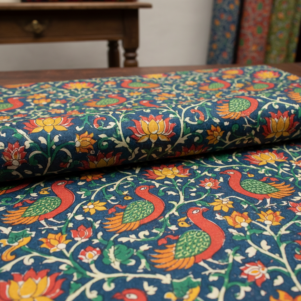 Detailed view of a vibrantly printed fabric displaying intricate art and color.