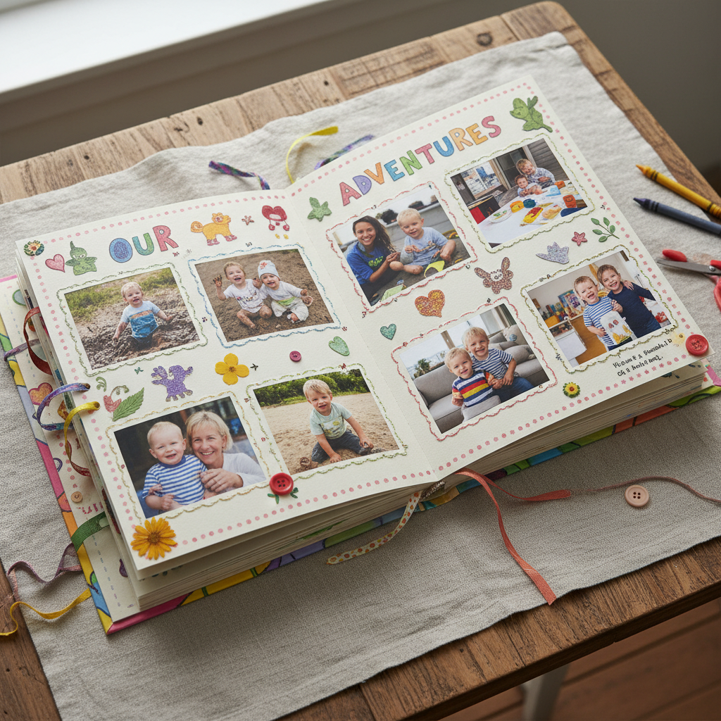 An open photo book displaying happy family memories with young children.
