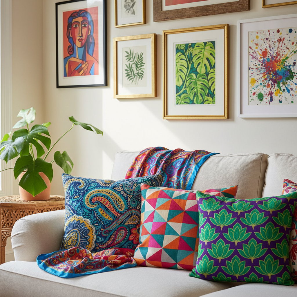 A vivid display of maximalist decor with cushions, a silk scarf, and bold art prints.