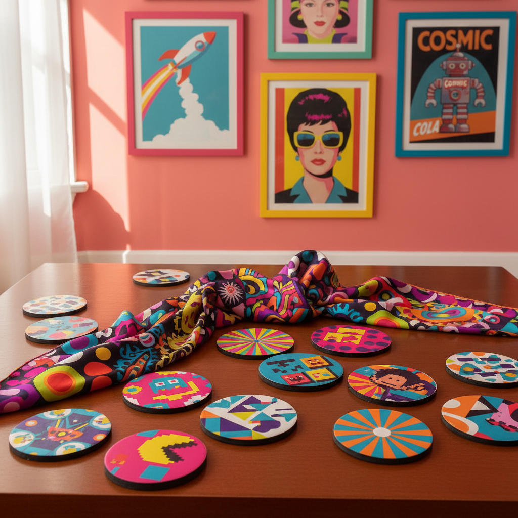 A playful and colourful coffee table arrangement featuring retro coasters and lively prints.