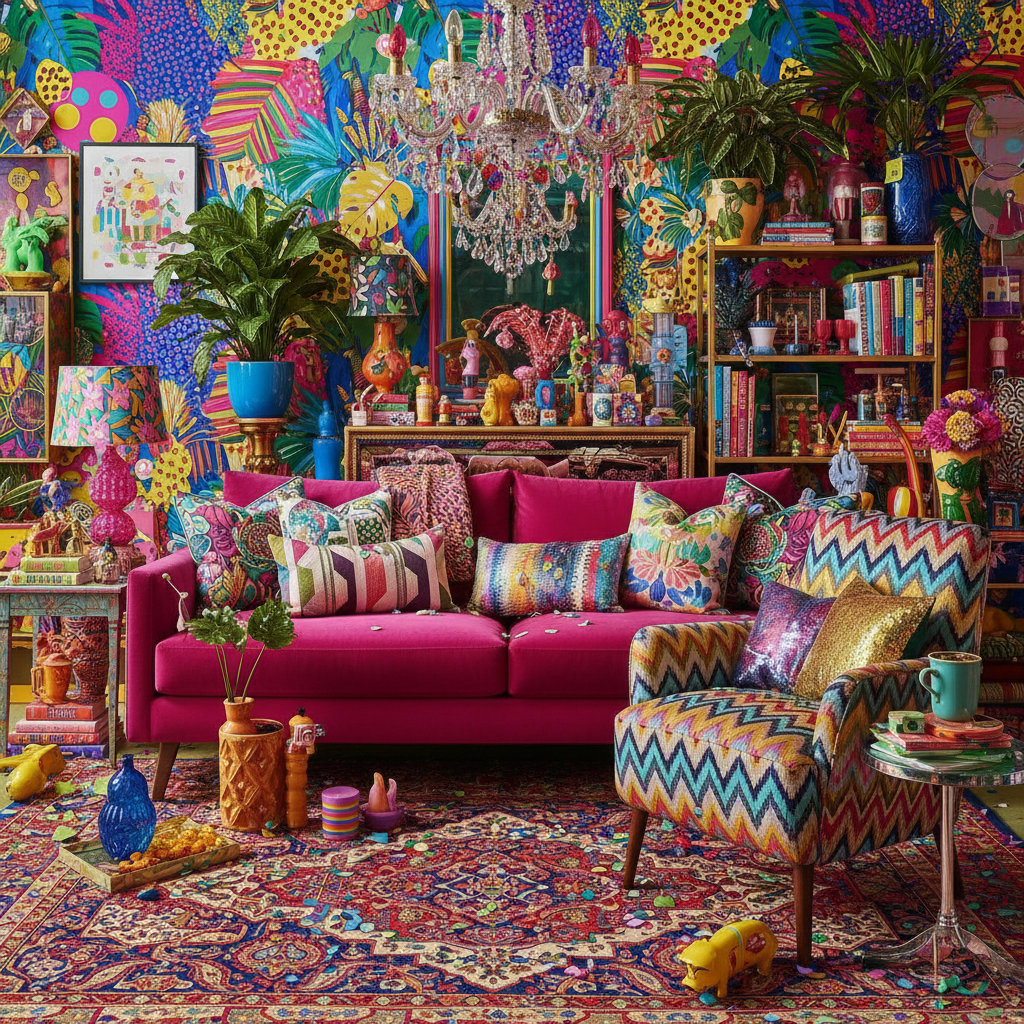 Maximalist decor with vibrant colors and bold patterns.