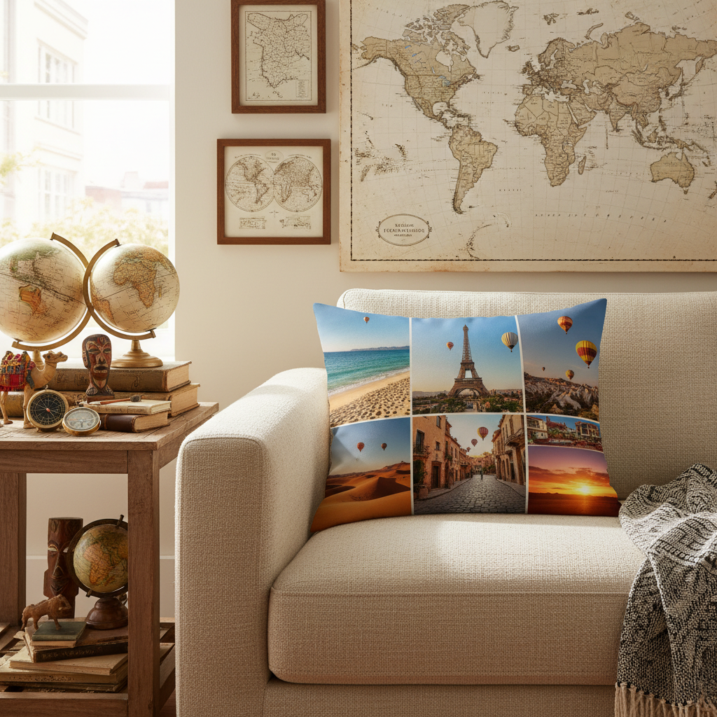 A travel photo collage cushion showcased on a stylish sofa, surrounded by travel-themed decor.
