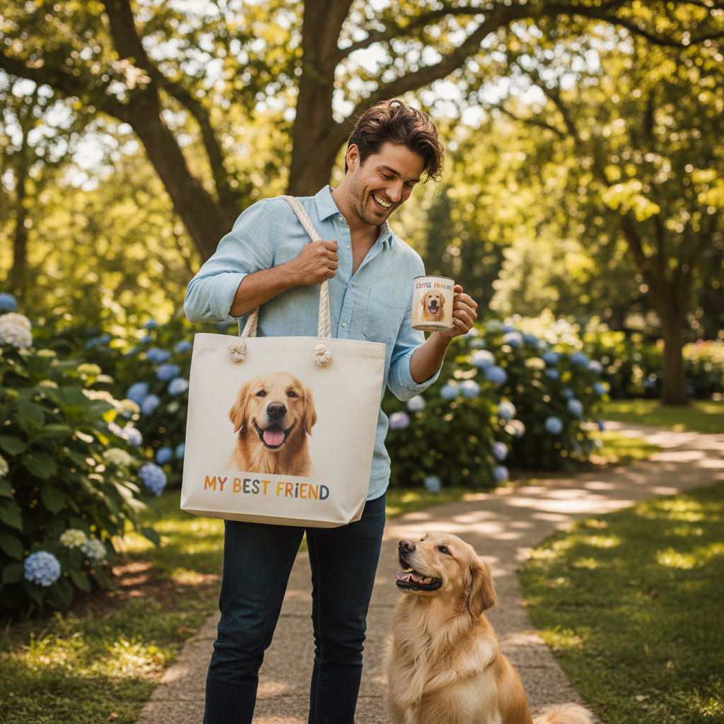A happy pet owner with a tote bag and mug, both featuring their dog's image in a sunny outdoor location.