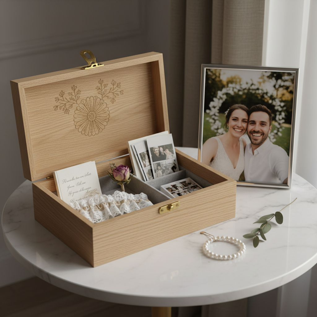 A wedding keepsake box next to a framed print of a wedding photo, placed on a stylish table.