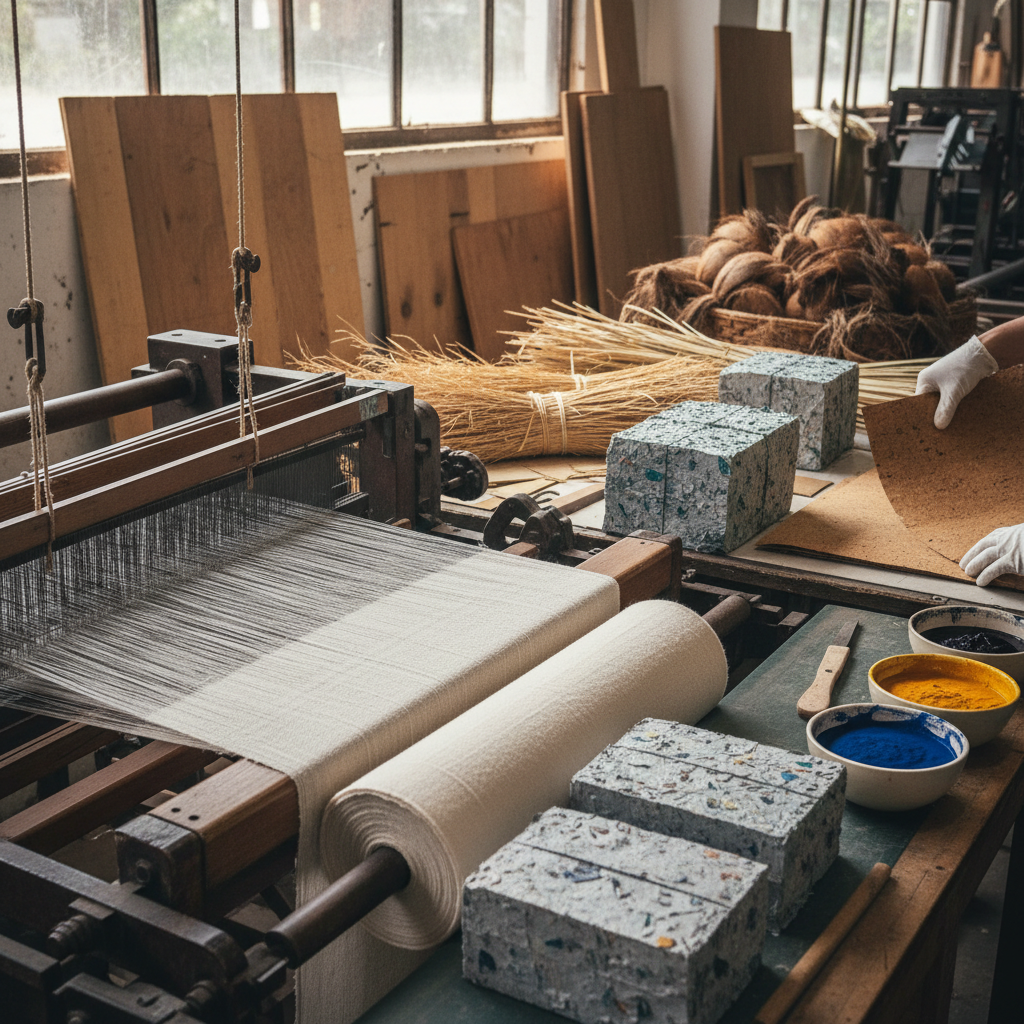Detail of eco-friendly fabrics and materials ready for production in a sustainable factory.