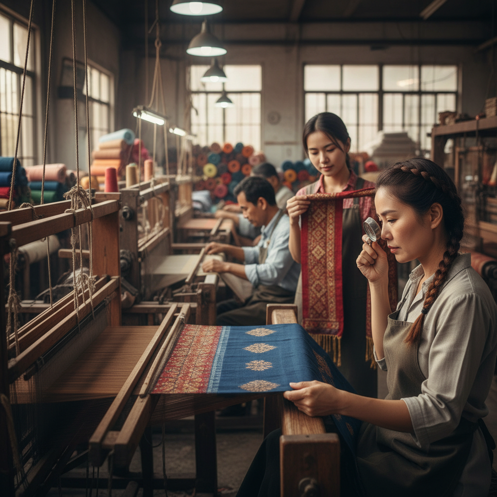 Skilled artisans inspecting textiles and handcrafted products in a production facility.