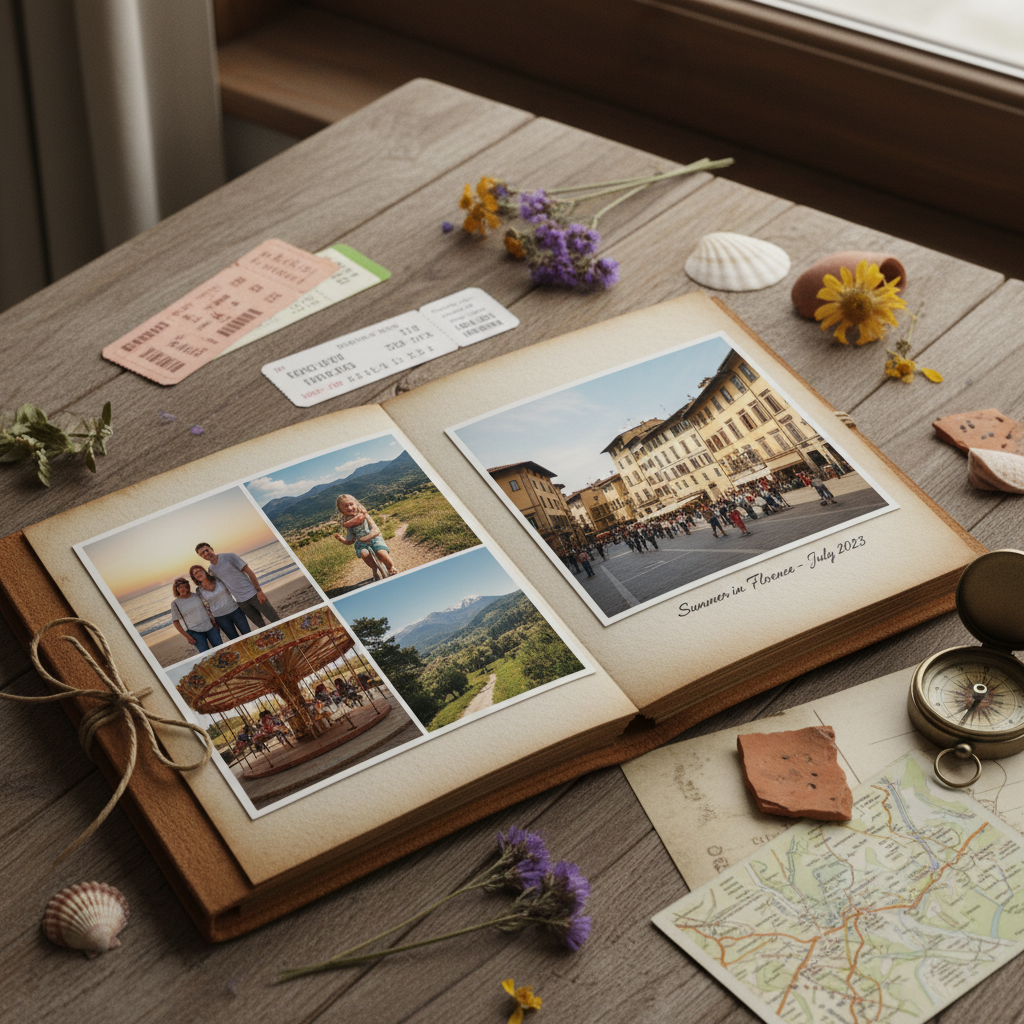 A photo album showcasing family holiday pictures and keepsakes, representing lasting memories.